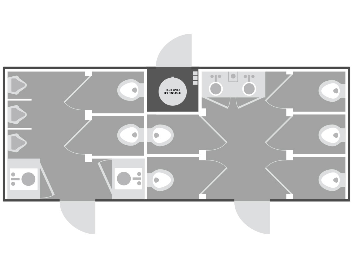 10-station restroom trailer floor plan — women's side with five stalls and two sinks, men's side with two stalls, three urinals, and two sinks