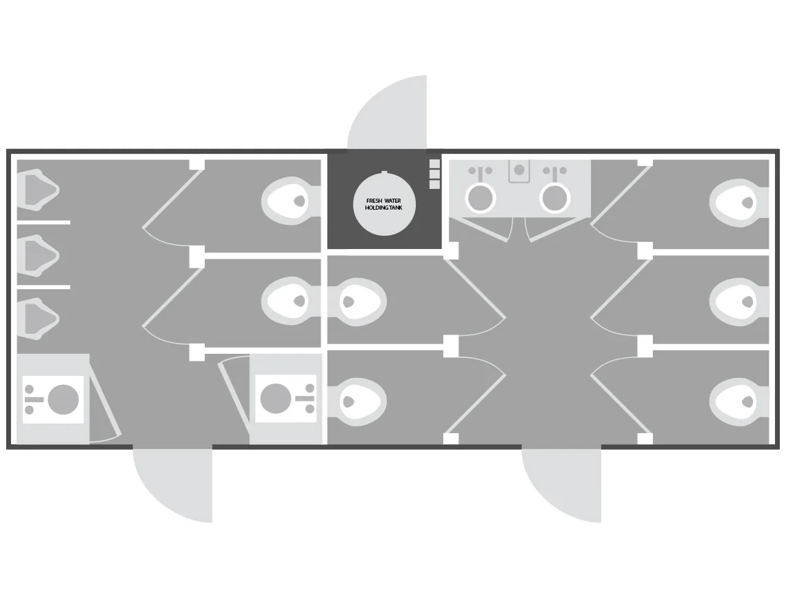 10-station restroom trailer floor plan — women's side with five stalls and two sinks, men's side with two stalls, three urinals, and two sinks