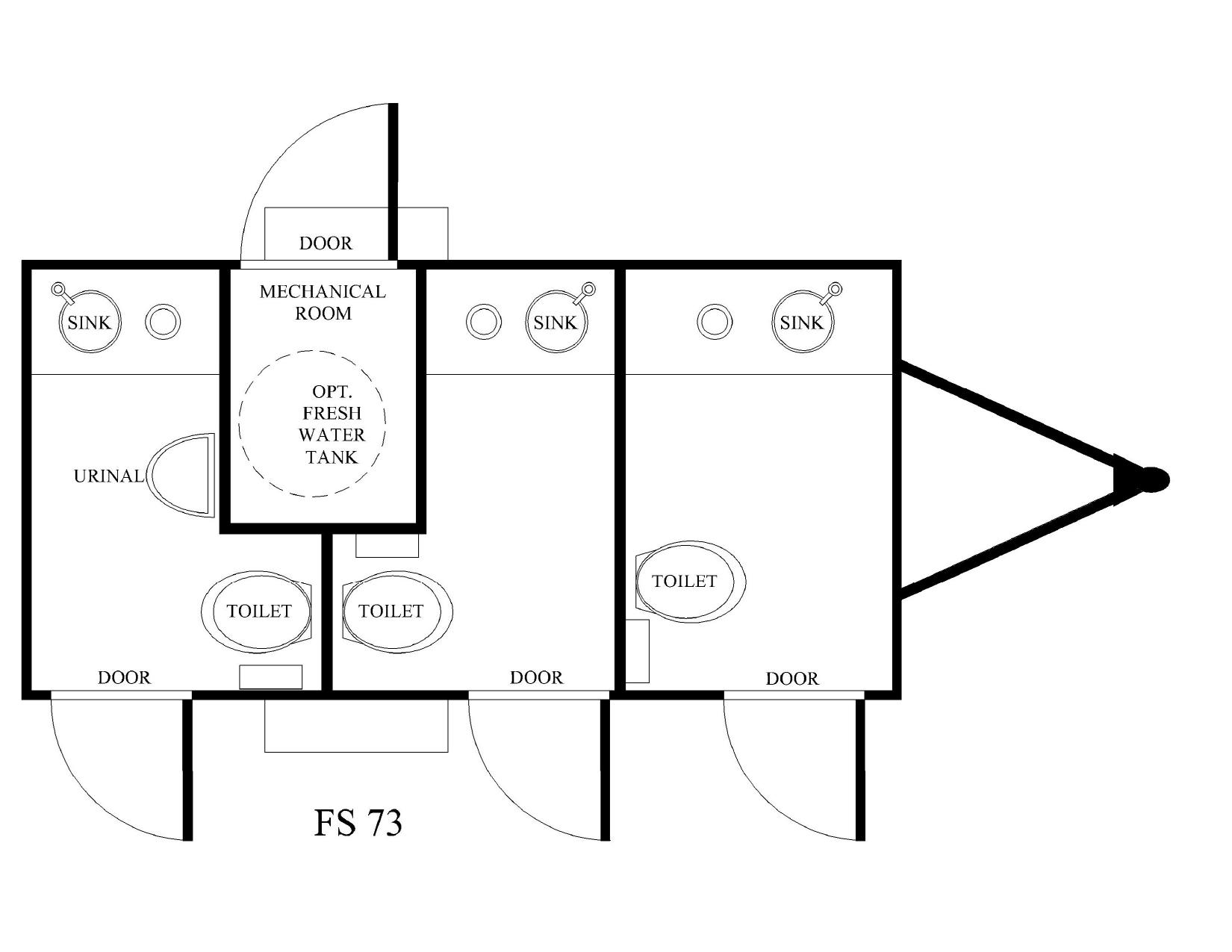 3-station restroom trailer floor plan — three individual private restrooms, each with a toilet and sink