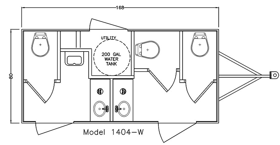 4-station restroom trailer floor plan — women's side with two stalls and a sink, men's side with one stall, one urinal, and a sink