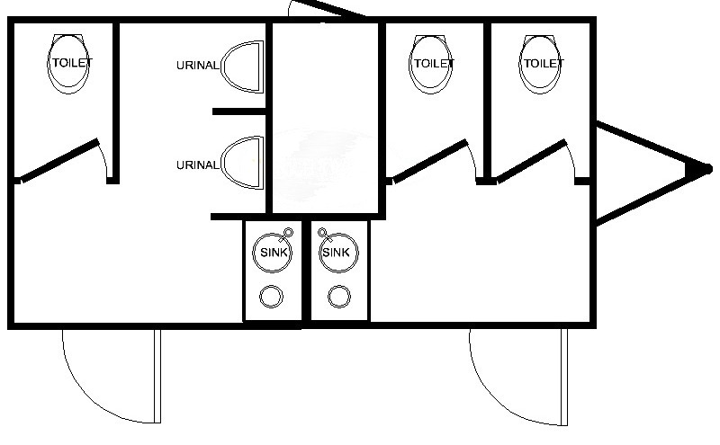 5-station restroom trailer floor plan — women's side with two stalls and a sink, men's side with one stall, two urinals, and a sink