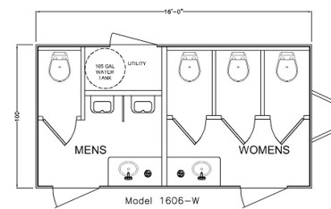 6-station restroom trailer floor plan — women's side with three stalls and a sink, men's side with one stall, two urinals, and a sink