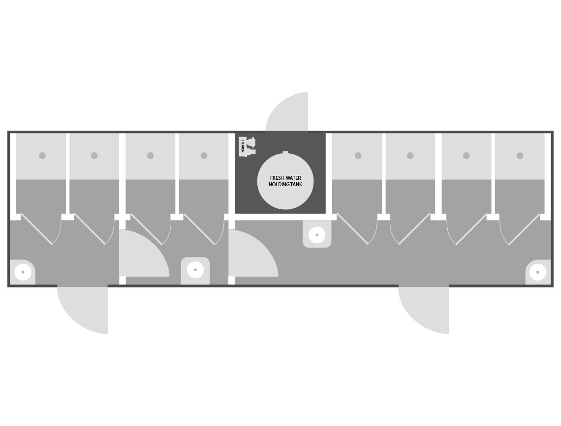 8-station Flex shower trailer floor plan — central hallway with internal locking doors and reconfigurable shower stations