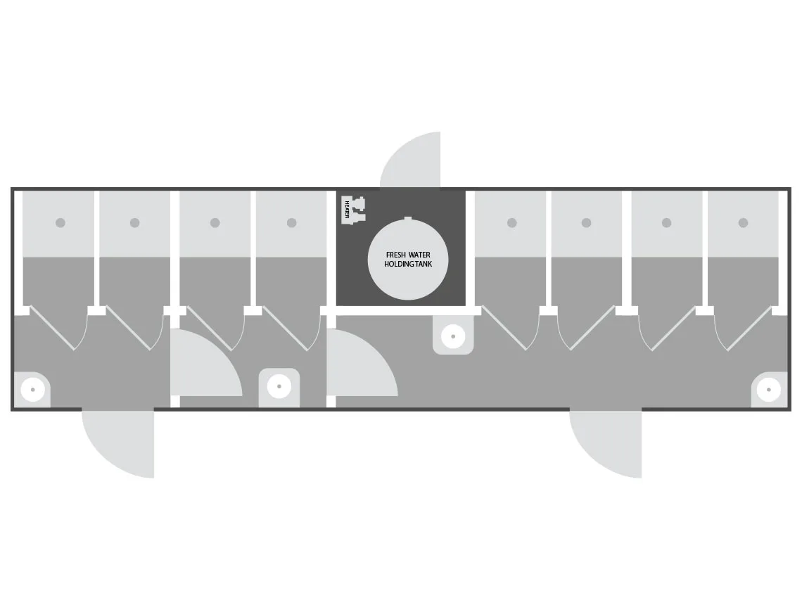 8-station Flex shower trailer floor plan — central hallway with internal locking doors and reconfigurable shower stations