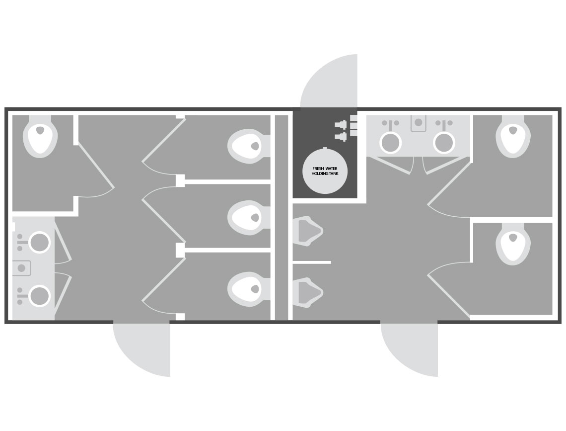 8-station restroom trailer floor plan — women's side with four stalls and two sinks, men's side with two stalls, two urinals, and two sinks