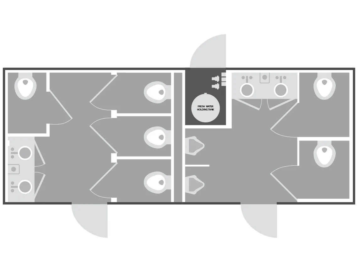 8-station restroom trailer floor plan — women's side with four stalls and two sinks, men's side with two stalls, two urinals, and two sinks
