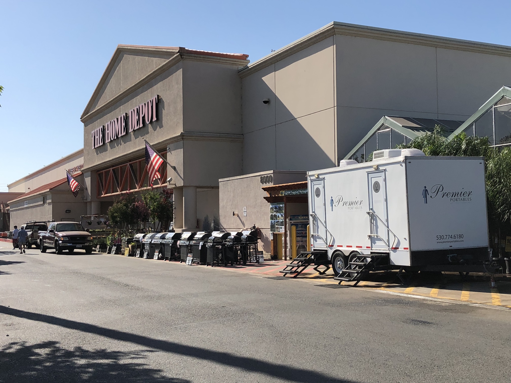 NorCal Restroom Trailers unit on site at a Home Depot in Northern California