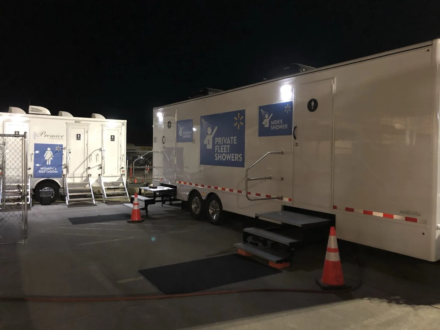 Walmart-branded shower and restroom trailers at a Northern California distribution center